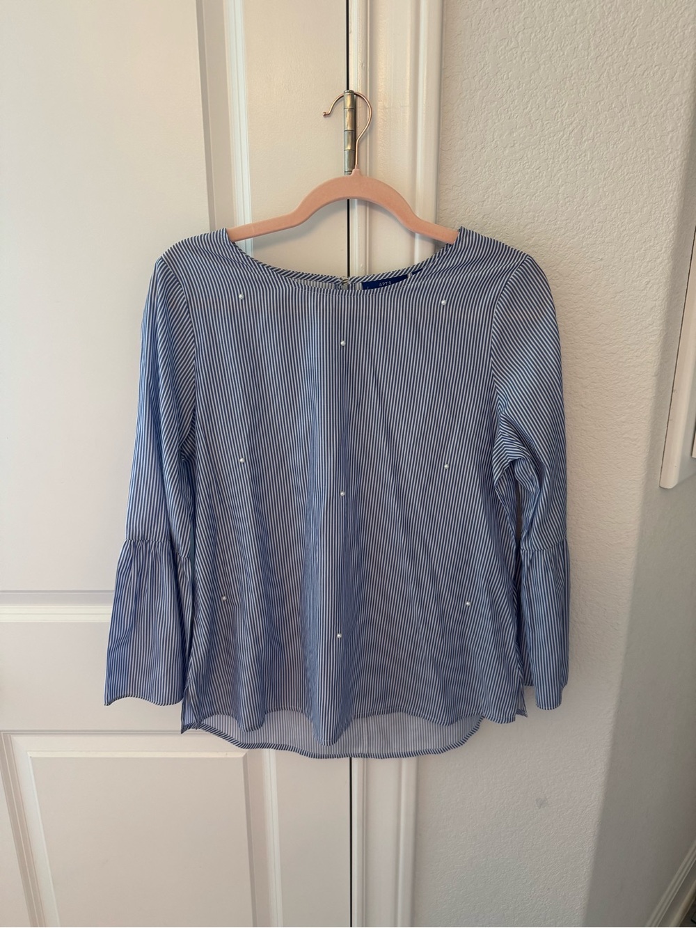 Apt. 9 Blue & White Pinstripe Bell-Sleeve Pullover Blouse with Pearl Detail